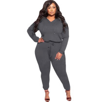 Plus Size Solid Color Grey V Neck Drawstring Hoodie Two Pieces with Pocketed