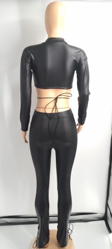 Solid Color Black PU Hotfix Rhinestone Sexy Bandage 2 Pcs Crop Top and Trousers