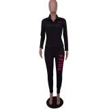 Women's Black Cotton Blended Casual Printed Zipper Sports Two Piece Outfits