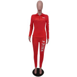Women's Red Cotton Blended Casual Printed Zipper Sports Two Piece Outfits