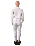 Casual White Color Matching Zipper Lapel Running Sweatshirt Pants Set