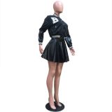 Casual Black/White PU Sleeve Stitching Embroidery Jacket Leather Pleated Skirt