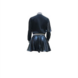 Casual Black/White PU Sleeve Stitching Embroidery Jacket Leather Pleated Skirt