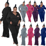 Fashion Casual Plus Size Dark Blue Thick Zip Up Printed Letter Sweatsuits Hoodie Set