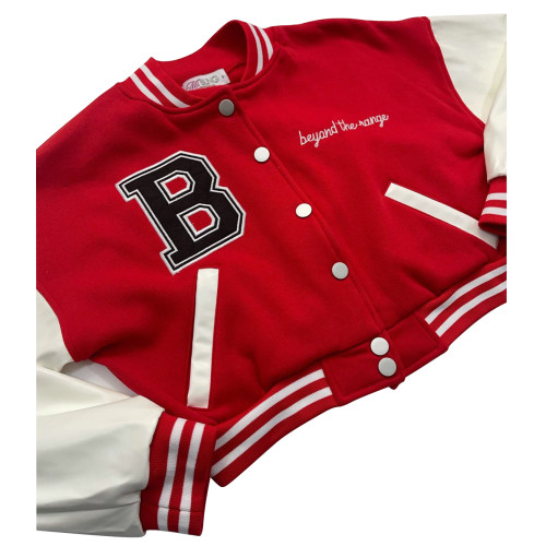 Red/White Leather Sleeve Stitching Embroidery Buttons Baseball Uniform Double-layer Threaded Jacket