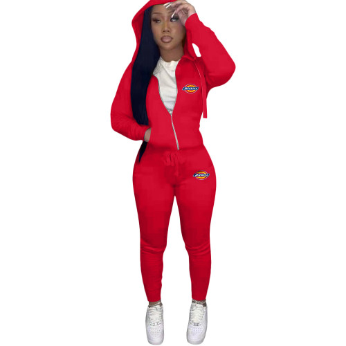 Autumn Spring Red Printed Letter Two Piece Zipper Hoodie Sweatpant Set