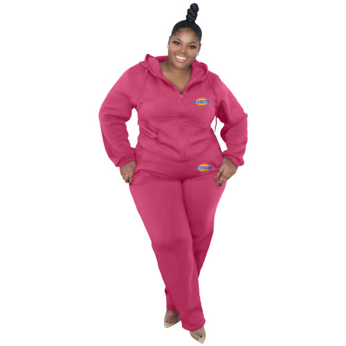 Fashion Casual Plus Size Rose Thick Zip Up Printed Letter Sweatsuits Hoodie Set