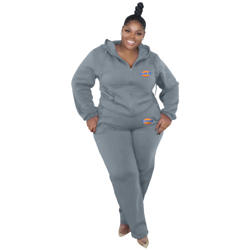 Fashion Casual Plus Size Grey Thick Zip Up Printed Letter Sweatsuits Hoodie Set