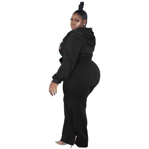 Fashion Casual Plus Size Black Thick Zip Up Printed Letter Sweatsuits Hoodie Set