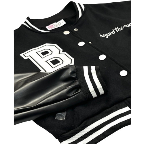 Black/White Leather Sleeve Stitching Embroidery Buttons Baseball Uniform Double-layer Threaded Jacket