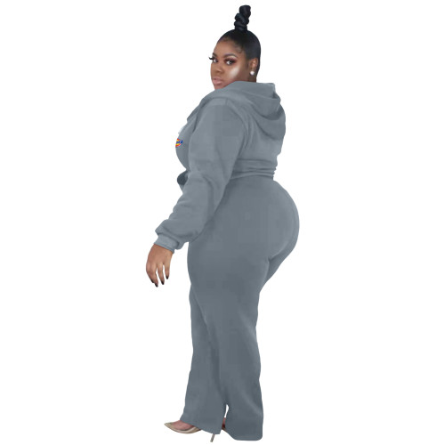 Fashion Casual Plus Size Grey Thick Zip Up Printed Letter Sweatsuits Hoodie Set