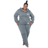 Fashion Casual Plus Size Grey Zip Up Embroidery Nike Sweatsuits Hooded Set