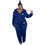 Fashion Casual Plus Size Dark Blue Zip Up Embroidery Nike Sweatsuits Hooded Set