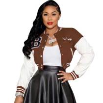 Brown/White Leather Sleeve Stitching Embroidery Buttons Baseball Uniform Double-layer Threaded Jacket
