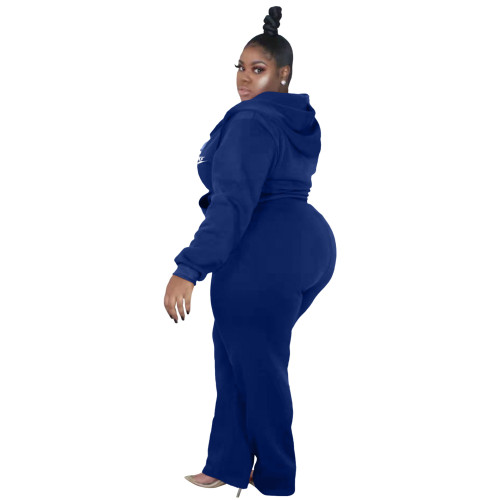 Fashion Casual Plus Size Dark Blue Zip Up Embroidery Nike Sweatsuits Hooded Set