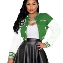 Green/White Leather Sleeve Stitching Embroidery Buttons Baseball Uniform Double-layer Threaded Jacket