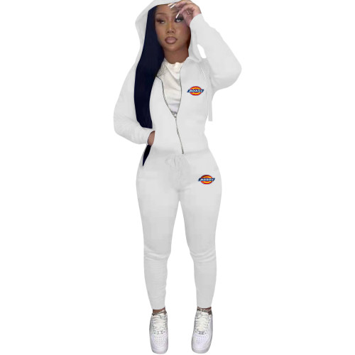 Autumn Spring White Printed Letter Two Piece Zipper Hoodie Sweatpant Set