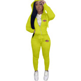 Autumn Spring Yellow Printed Letter Two Piece Zipper Hoodie Sweatpant Set