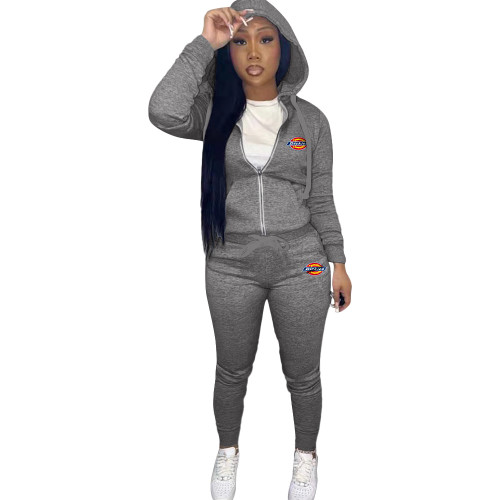 Autumn Spring Grey Printed Letter Two Piece Zipper Hoodie Sweatpant Set