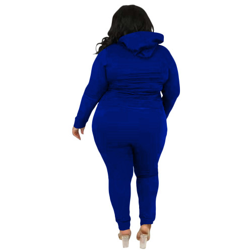 Casual Blue Embroidery Letter Zip Up Drawstring Hoodie Joggers Pants Two Piece Pants Set