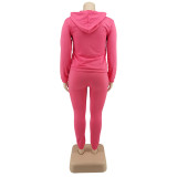Casual Pink Embroidery Letter Zip Up Drawstring Hoodie Joggers Pants Two Piece Pants Set