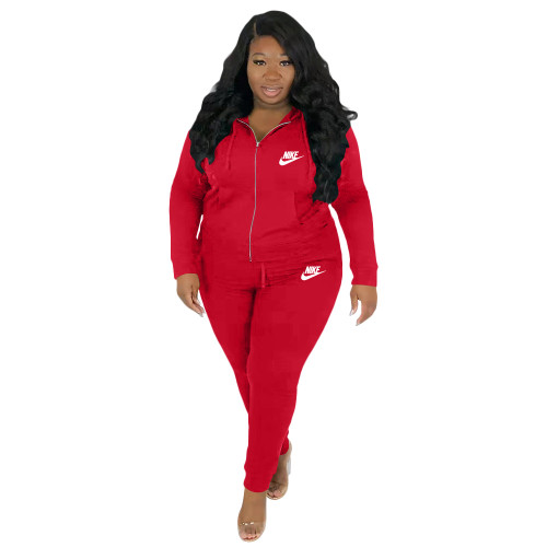 Casual Red Embroidery Letter Zip Up Drawstring Hoodie Joggers Pants Two Piece Pants Set