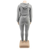 Casual Grey Embroidery Letter Zip Up Drawstring Hoodie Joggers Pants Two Piece Pants Set
