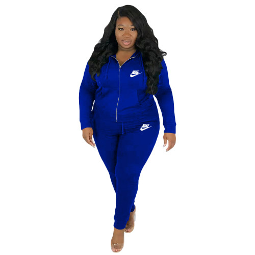 Casual Blue Embroidery Letter Zip Up Drawstring Hoodie Joggers Pants Two Piece Pants Set
