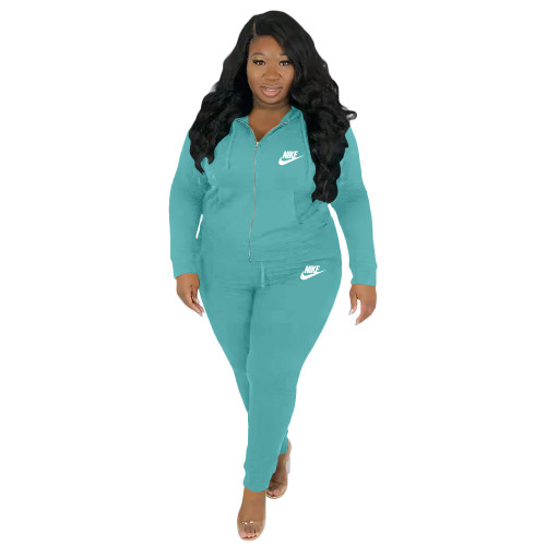 Casual Aqua Embroidery Letter Zip Up Drawstring Hoodie Joggers Pants Two Piece Pants Set