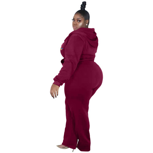 Fashion Casual Plus Size Wine Red Thick Zip Up Printed Letter Sweatsuits Hoodie Set