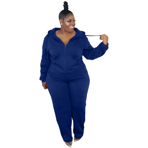 Autumn Winter Plus Size Women's Dark Blue Solid Zipper Two Piece Hoodie And Pants Set