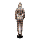 Casual Sports Plaid Printed Two-piece Hooded Pant Set with Zip Up