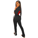Solid Color Black/Red Stitching Lapel Sports Set Women Printed Letter Two Piece Outfits