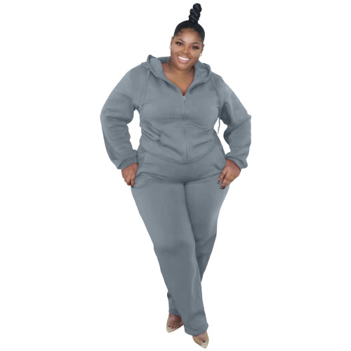 Autumn Winter Plus Size Women's Grey Solid Zipper Two Piece Hoodie And Pants Set