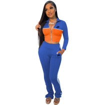 Solid Color Blue/Orange Stitching Lapel Sports Set Women Printed Letter Two Piece Outfits