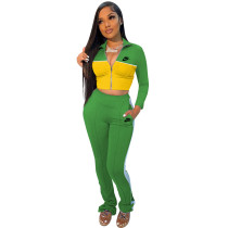 Solid Color Green/Yellow Stitching Lapel Sports Set Women Printed Letter Two Piece Outfits