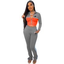 Solid Color Grey/Orange Stitching Lapel Sports Set Women Printed Letter Two Piece Outfits