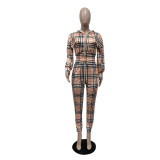 Casual Sports Plaid Printed Two-piece Hooded Pant Set with Zip Up