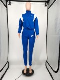 Casual Blue/White Color Contrast Stitching Sports Women Printed High Neck Zipper Blouse Drawstring Trousers