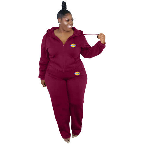 Fashion Casual Plus Size Wine Red Thick Zip Up Printed Letter Sweatsuits Hoodie Set