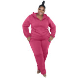 Autumn Winter Plus Size Women's Rose Solid Zipper Two Piece Hoodie And Pants Set