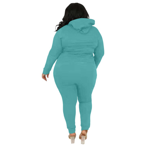 Casual Aqua Embroidery Letter Zip Up Drawstring Hoodie Joggers Pants Two Piece Pants Set