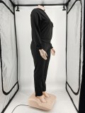 Autumn Winter Plus Size Women's Black Solid Zipper Two Piece Hoodie And Pants Set