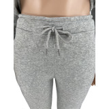 Casual Grey Sweatshirt Sports Drawstring Hoodie Stacked Two-piece Pants Set
