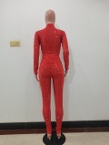 Ladies Fashion Casual Red Knitting Hole Long Sleeve Round Neck Tight Top Slim Fitting Pants