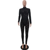 Ladies Fashion Casual Black Knitting Hole Long Sleeve Round Neck Tight Top Slim Fitting Pants