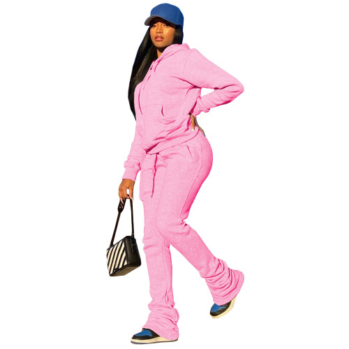 Casual Pink Sweatshirt Sports Drawstring Hoodie Stacked Two-piece Pants Set