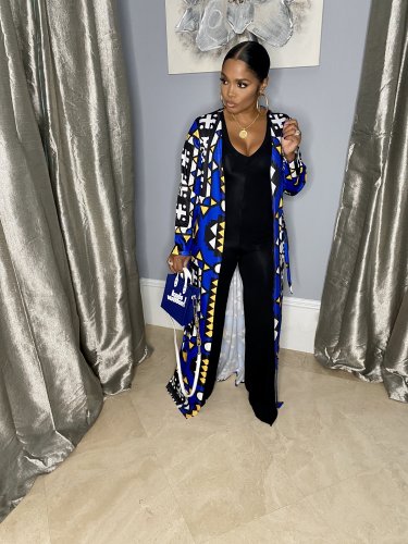 Casual African Print Kimono Jacket with Belted