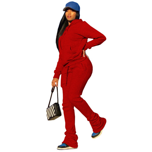 Casual Red Sweatshirt Sports Drawstring Hoodie Stacked Two-piece Pants Set