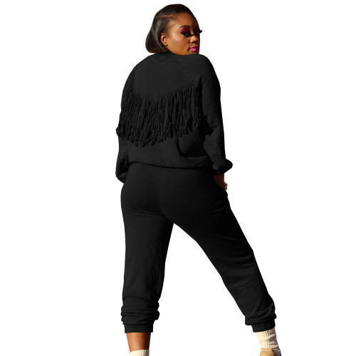 Black Tassel Design Solid Color Loose Two-Piece Pants Set